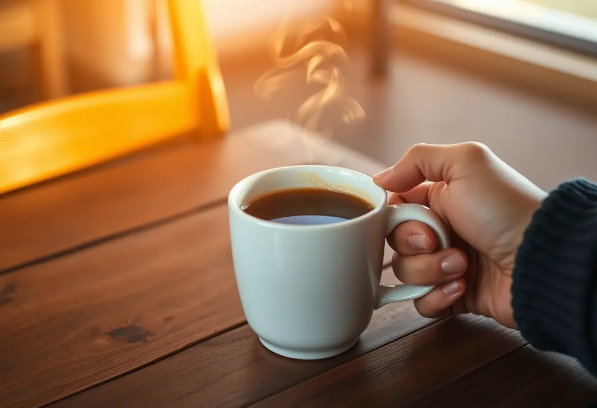 Une main tenant une tasse fumante sur une table de bois au petit matin