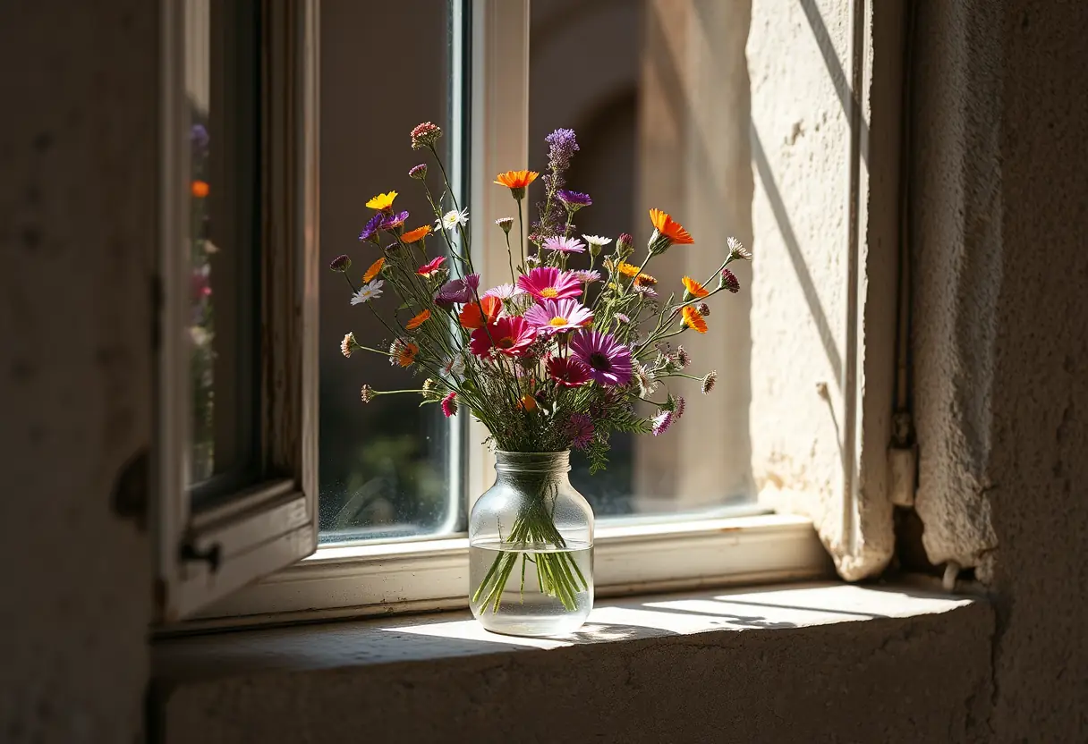 Un petit vase rempli de fleurs sauvages posé sur un rebord de fenêtre, éclairé par la lumière du soleil