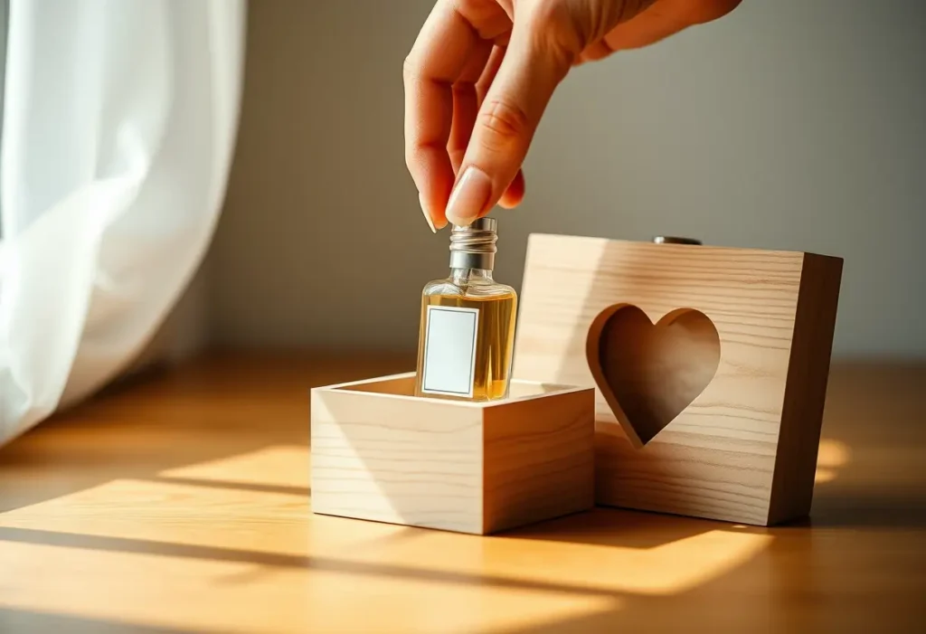 Une boîte en bois avec un cœur découpé, contenant une petite bouteille de parfum