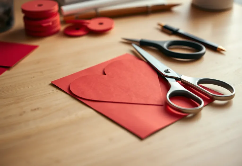 Des ciseaux posés sur du papier cartonné rouge, prêts à découper un cœur