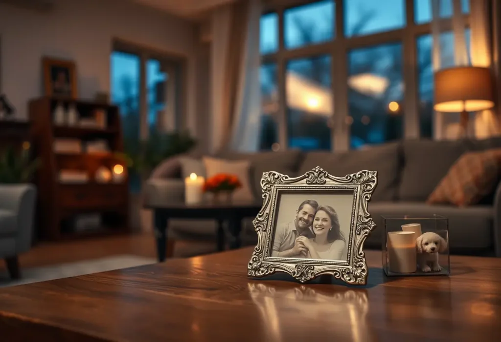 Un cadre photo argenté sur une table basse dans une pièce accueillante, évoquant la Saint-Valentin