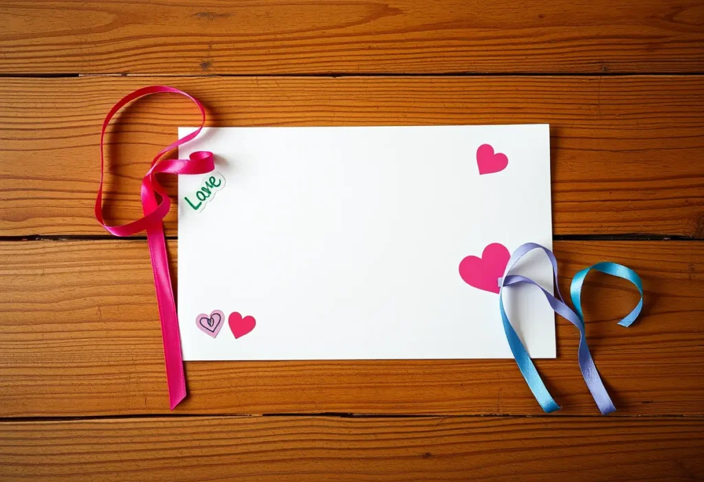 Un carton rectangulaire blanc orné de autocollants colorés et de rubans sur une table en bois.