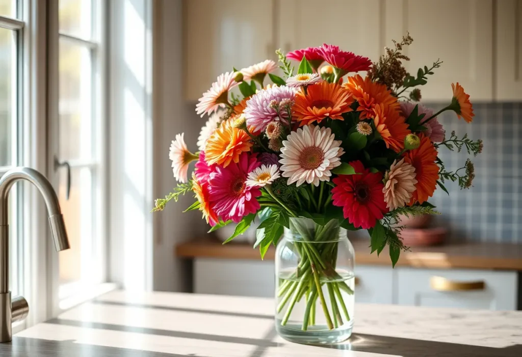 Mains disposant un bouquet de fleurs dans un vase en verre