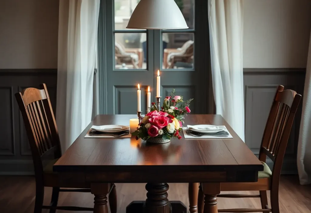 Un couvert romantique pour deux personnes avec bougies et fleurs