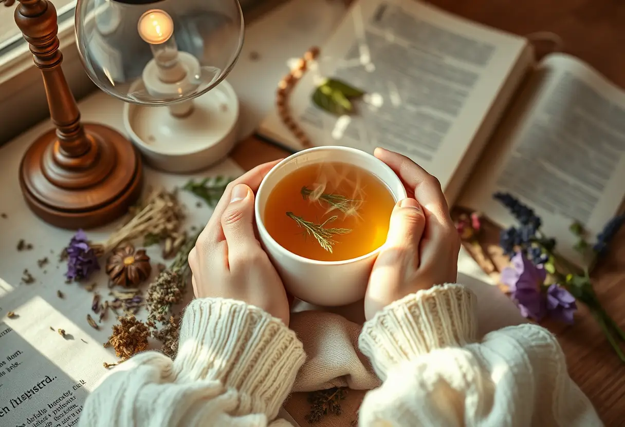 Des mains tenant une tasse de thé parfumé entourée d'herbes aromatiques