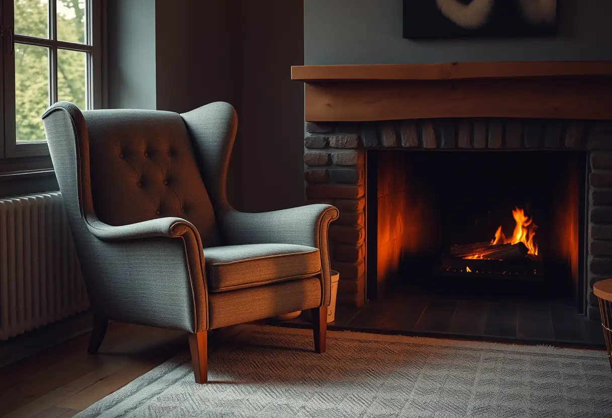Un fauteuil moelleux près d'une cheminée
