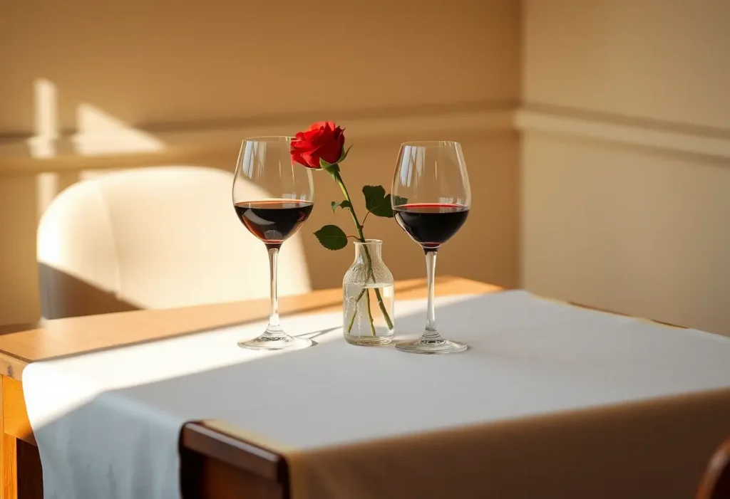 Table dressée pour deux personnes avec des verres de vin rouge et une rose rouge sur fond de lumière tamisée