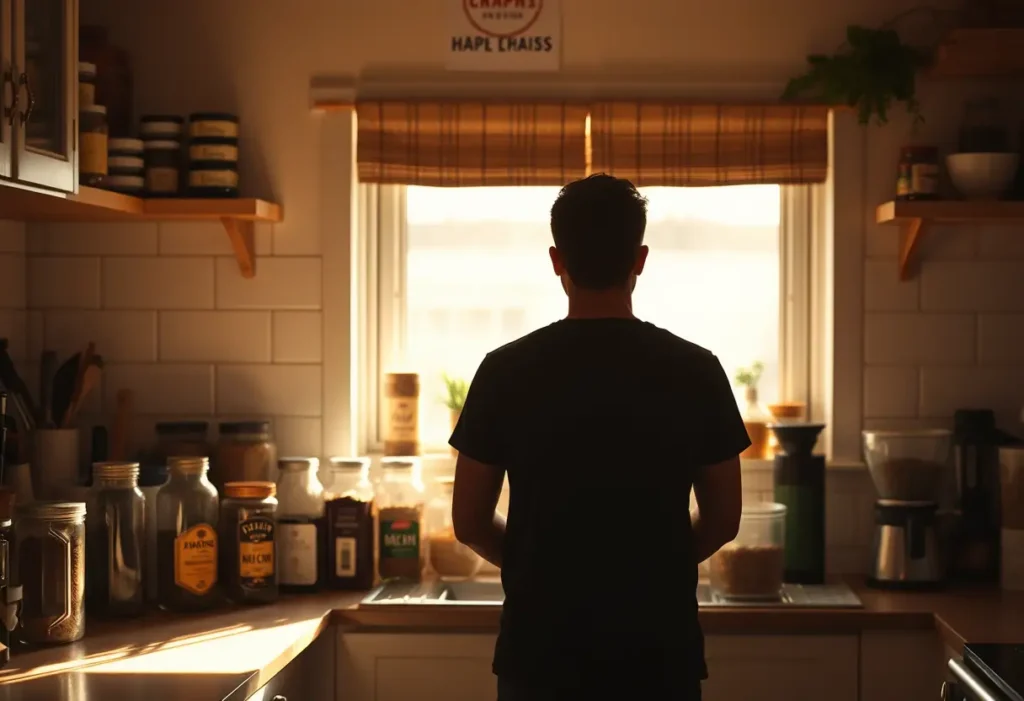 Un silhouetté dans une cuisine entouré de bocaux d'épices et d'herbes