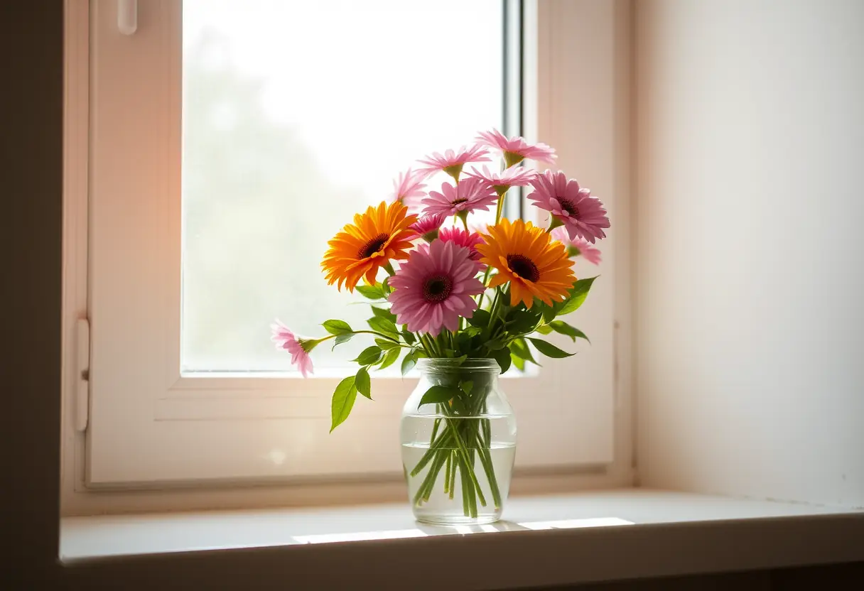 Un petit vase rempli de fleurs fraîches posé sur un rebord de fenêtre sous la lumière du soleil