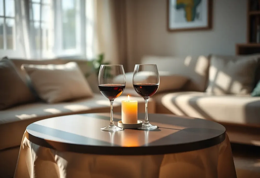 Un couvert romantique avec deux verres de vin et une bougie allumée dans une atmosphère chaleureuse.