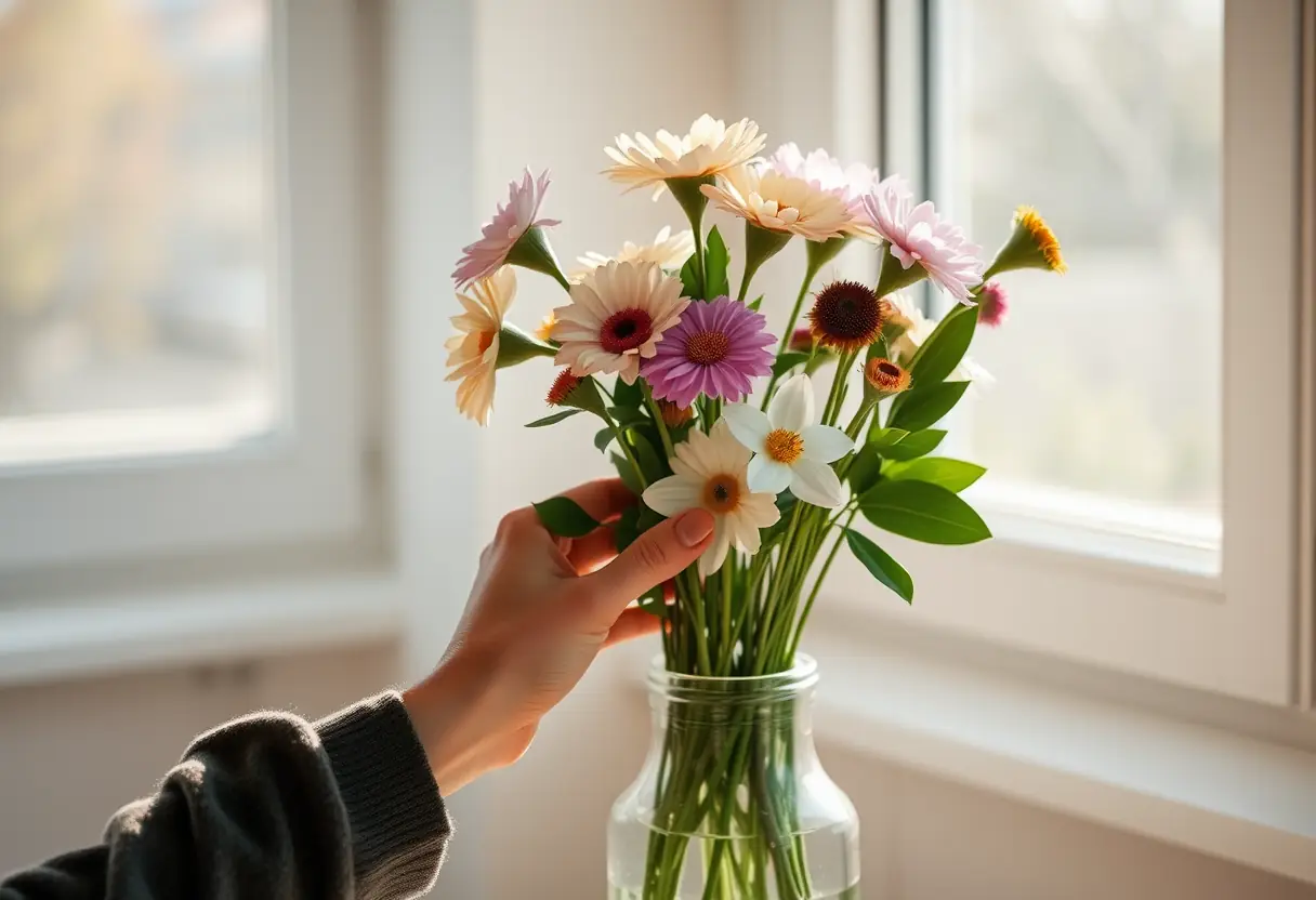 Des mains qui disposent délicatement des fleurs dans un vase, mettant en valeur l'attention portée aux détails.