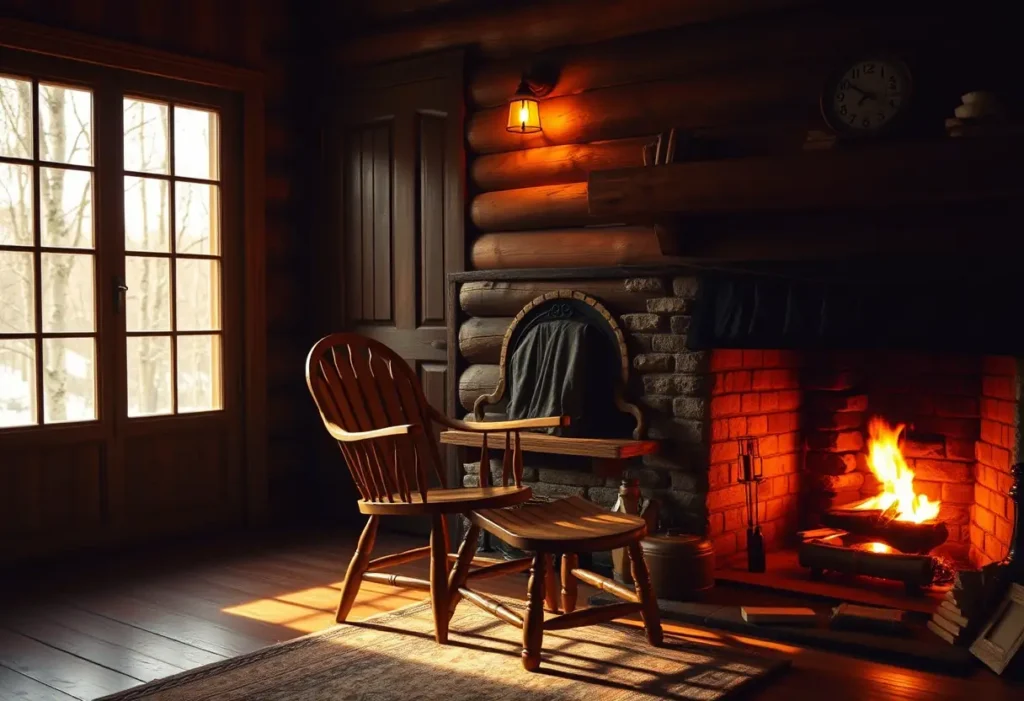 Un fauteuil près d'une cheminée crépitante dans un chalet rustique