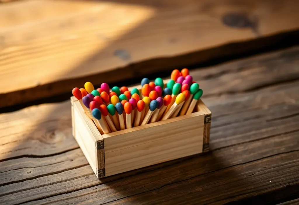 Une boîte en bois remplie de allumettes colorées posée sur une table rustique.