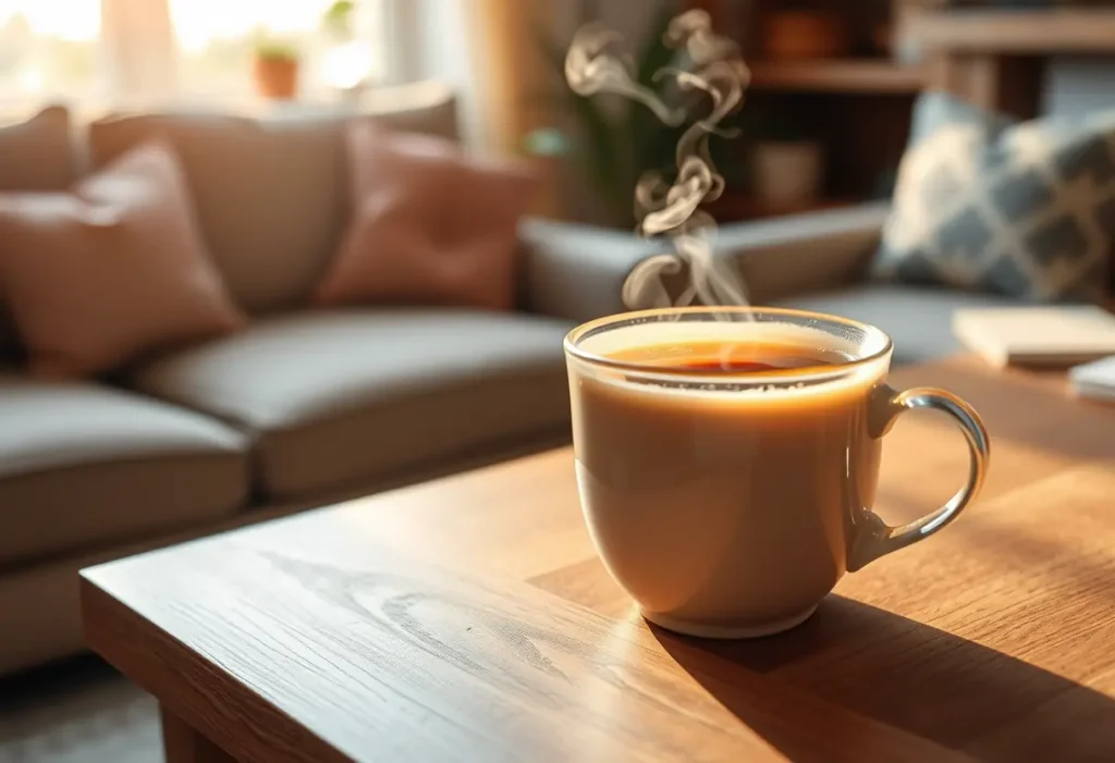 Une tasse de thé fumant sur une table dans une pièce accueillante, lumière naturelle, éditorial, sans texte, sans écriture