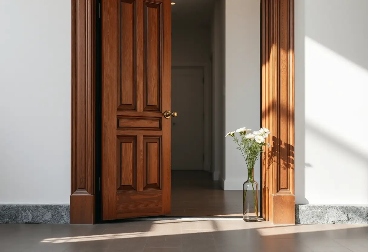 Une porte entrouverte révélant un couloir, un vase de fleurs à côté, symbole d'accueil, lumière naturelle, éditorial, sans texte, sans écriture