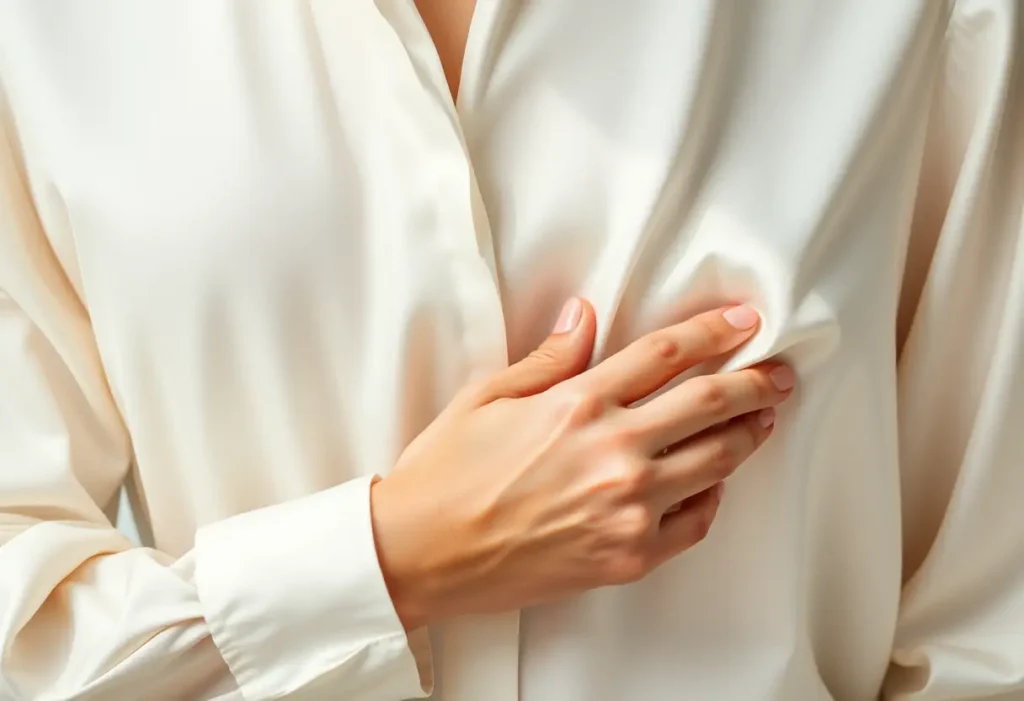Main de femme lisérant une blouse en soie, ambiance Saint-Valentin