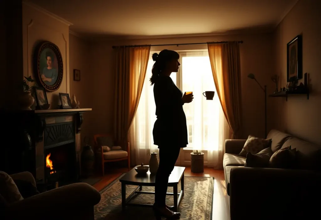 Description: un profil de femme tenant une tasse de thé dans un salon accueillant, éclairée par la chaleur d’un feu de cheminée