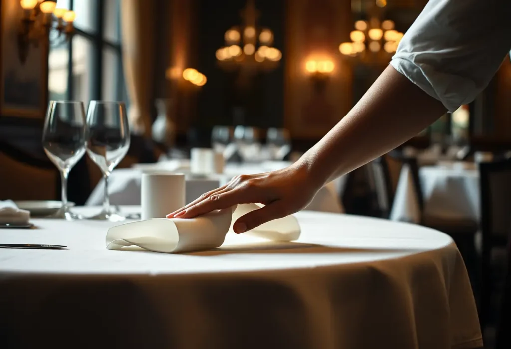 Main dans une main élégante étalant une serviette en soie