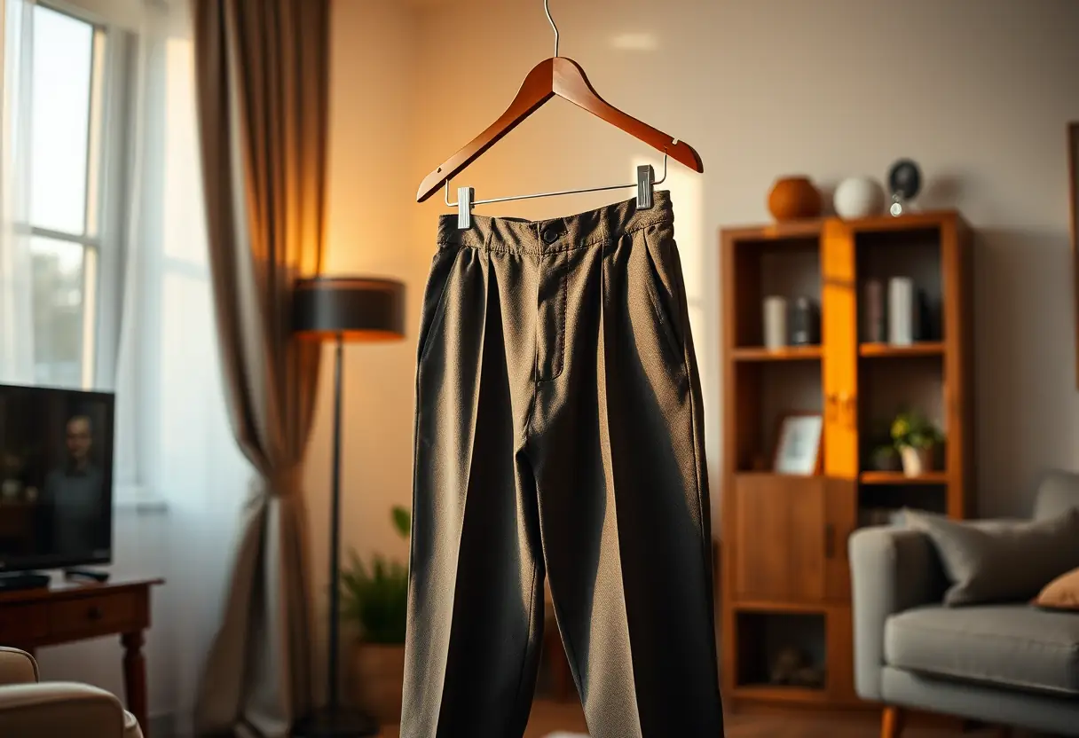 Paire de pantalons en laine accrochés dans un salon douillet