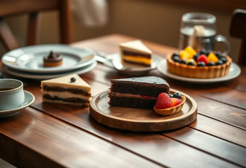 Table en bois chargée de diverses pâtisseries, y compris un gâteau au chocolat et un tarte aux fruits, éclairée par une lumière tamisée