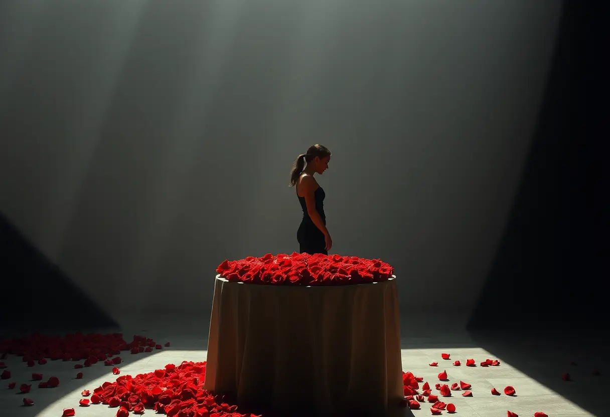 Un profil d'une personne debout près d'une table ronde couverte de roses rouges