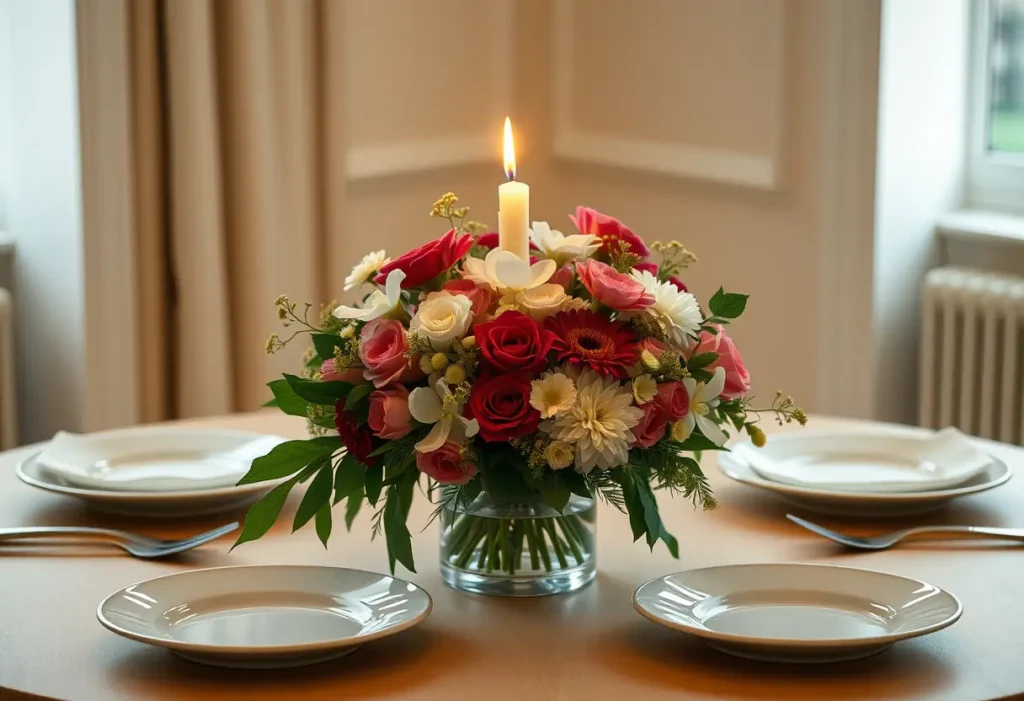 Un bouquet de fleurs sur une table dressée pour deux personnes avec une bougie allumée au centre