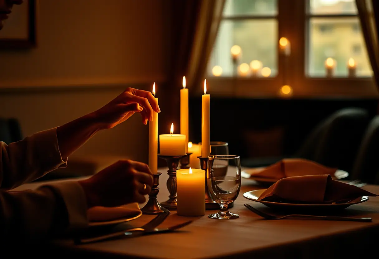 Des mains disposant des bougies sur une table dressée pour deux