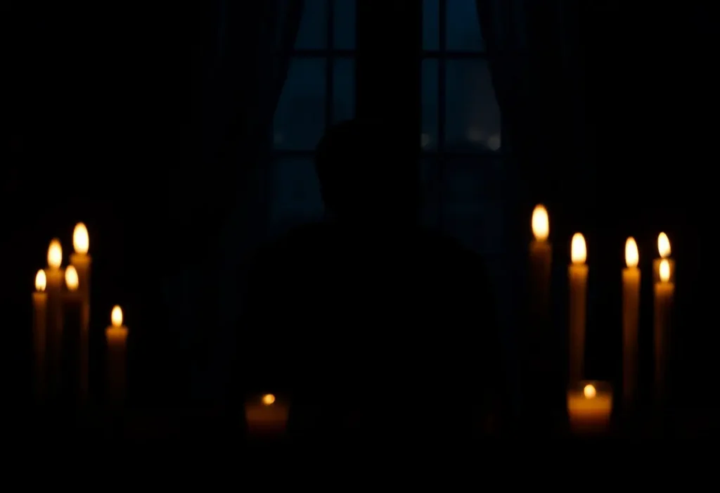 Une silhouette assise autour de plusieurs bougies émettant une lumière chaleureuse, ambiance romantique