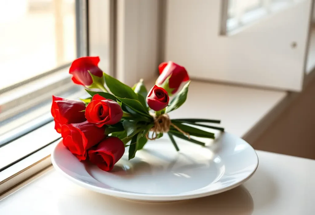 Un bouquet de roses rouges sur un plateau en porcelaine à la fenêtre