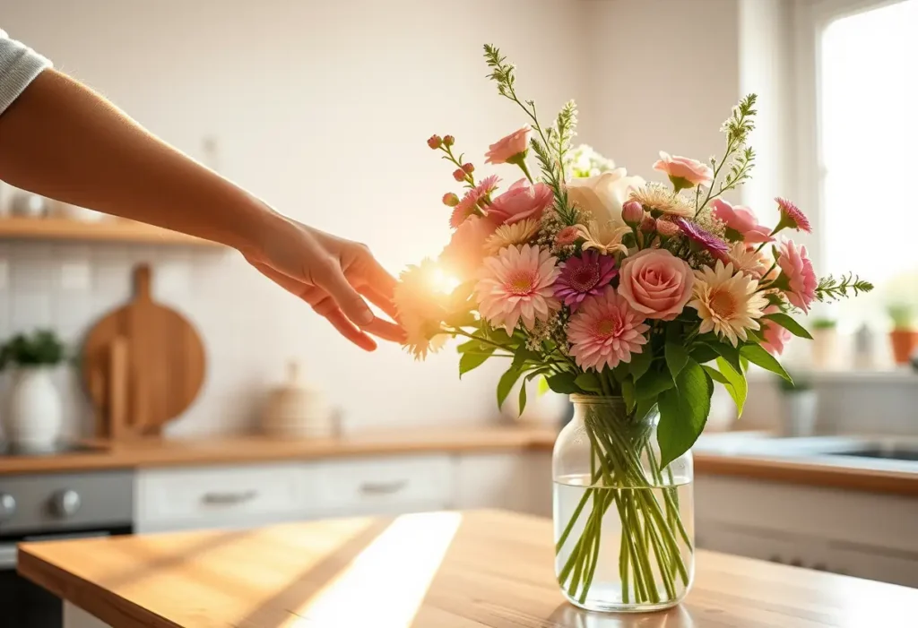 Des fleurs fraîches dans un vase de verre sur un plan de cuisine accueillant