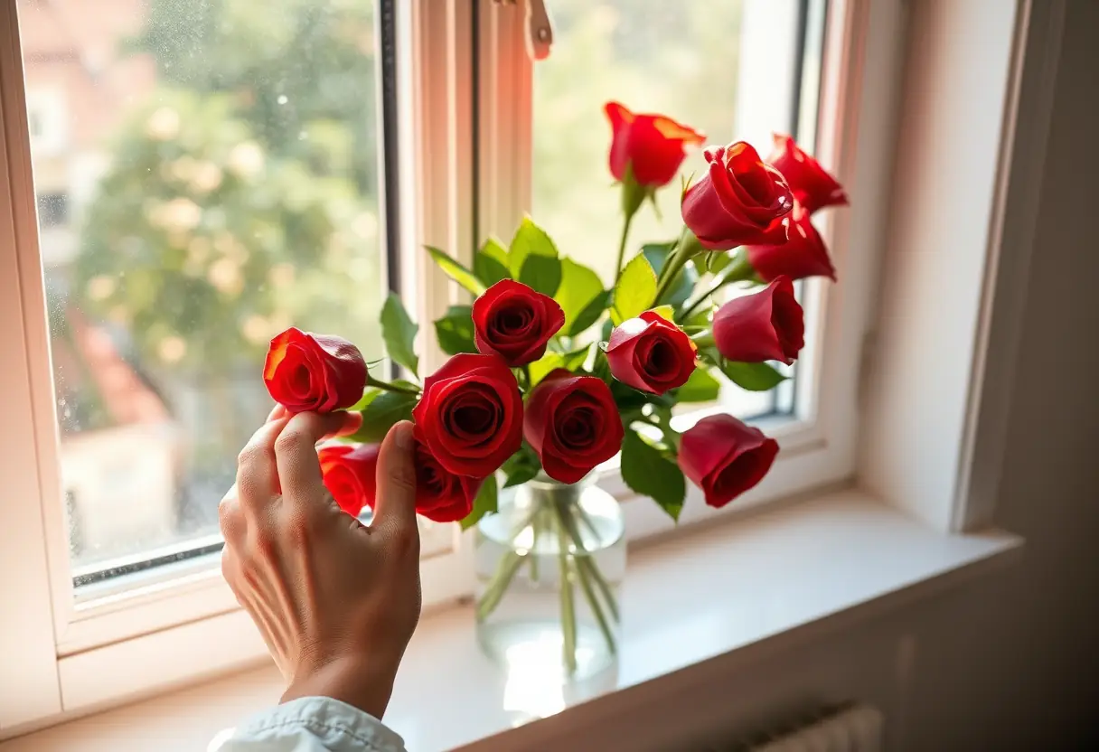 Des mains arrangeant un bouquet de roses rouges dans un vase en verre sur un rebord de fenêtre