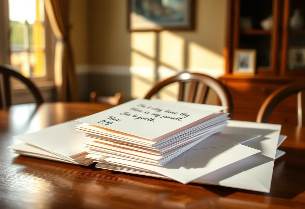 Une pile d’enveloppes contenant des messages personnalisés sur une table de cuisine, lumière naturelle chaude