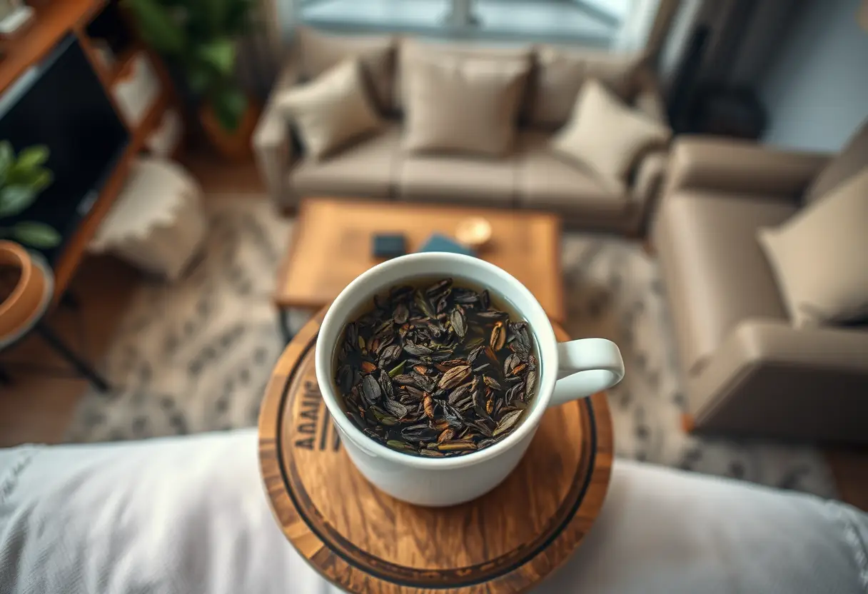 Une tasse remplie de feuilles de thé posée sur un plateau rond, dans un salon accueillant, évoquant les moments de détente et de bien-être.