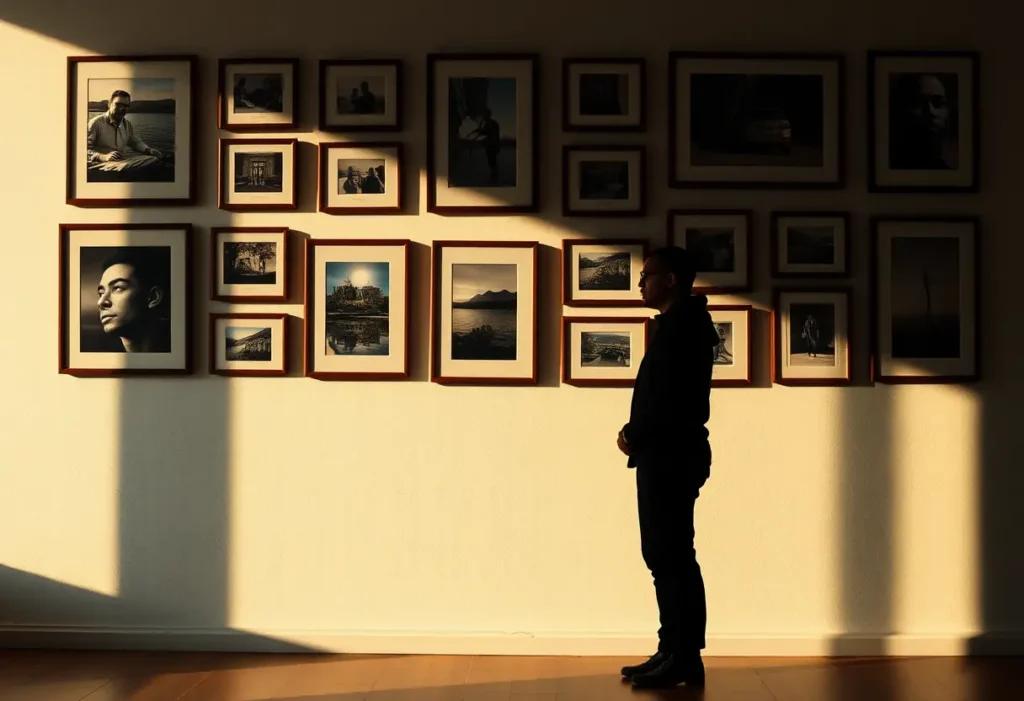 Un profil en ombre chinoise se reflète contre un mur de photos encadrées, éclairé par la lumière du soir, illustrant la nostalgie et la surprise.