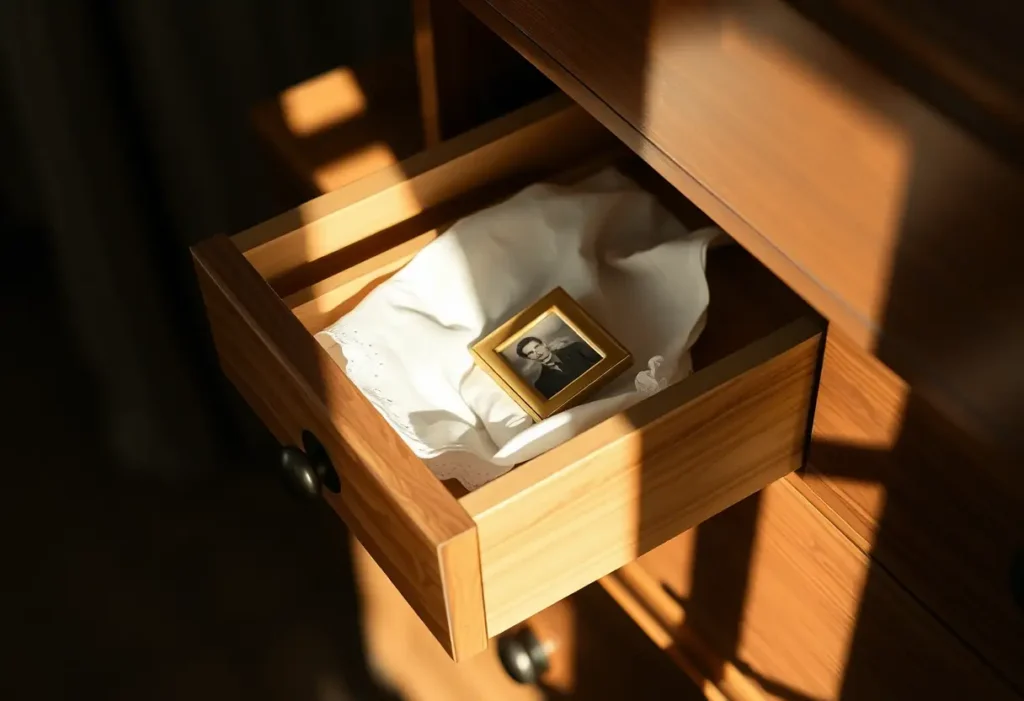 Un tiroir de commode légèrement ouvert révèle des mouchoirs soigneusement pliés et une photo encadrée. La lumière du matin éclaire doucement le contenu du tiroir.