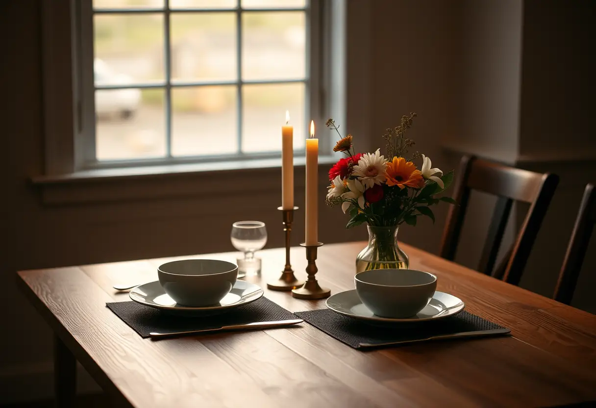 Une table de bois pour deux personnes, ornée de bougies simples et d'un vase de fleurs fraîches. La lumière du soir filtre à travers une fenêtre.