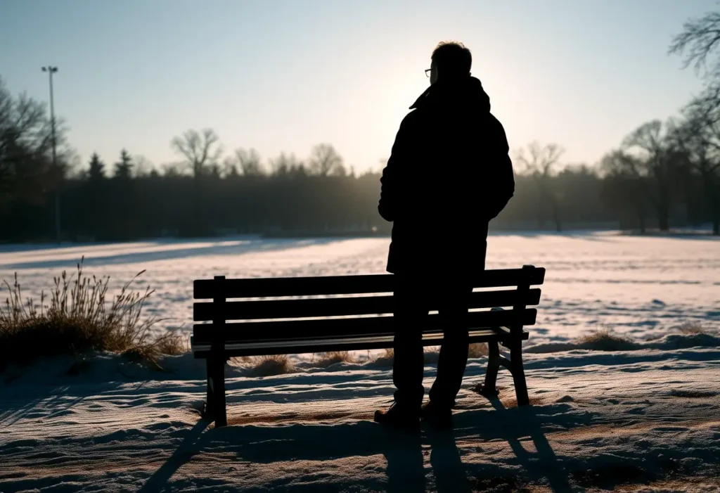 Un silhouetté regarde un paysage enneigé depuis un banc de parc au petit matin