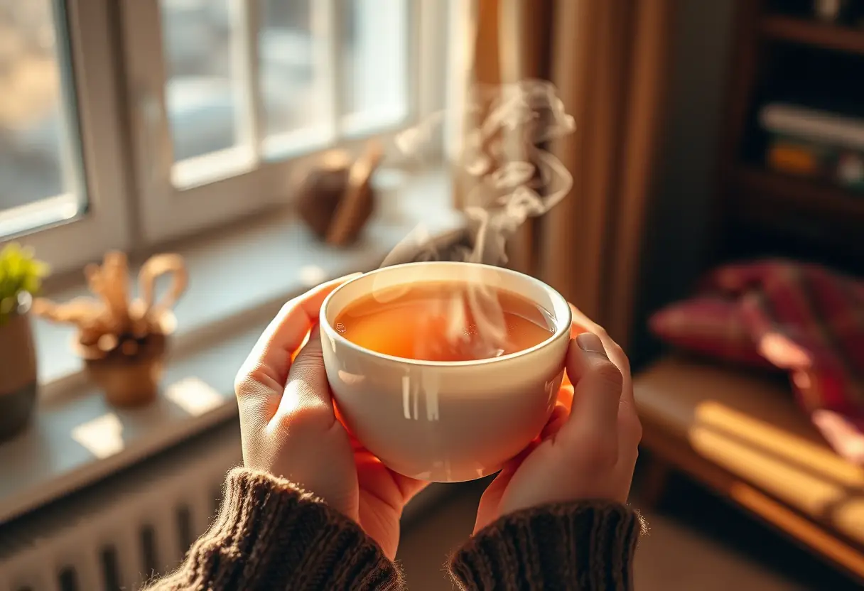 Des mains tenant une tasse de thé chaud dans une lumière douce et accueillante