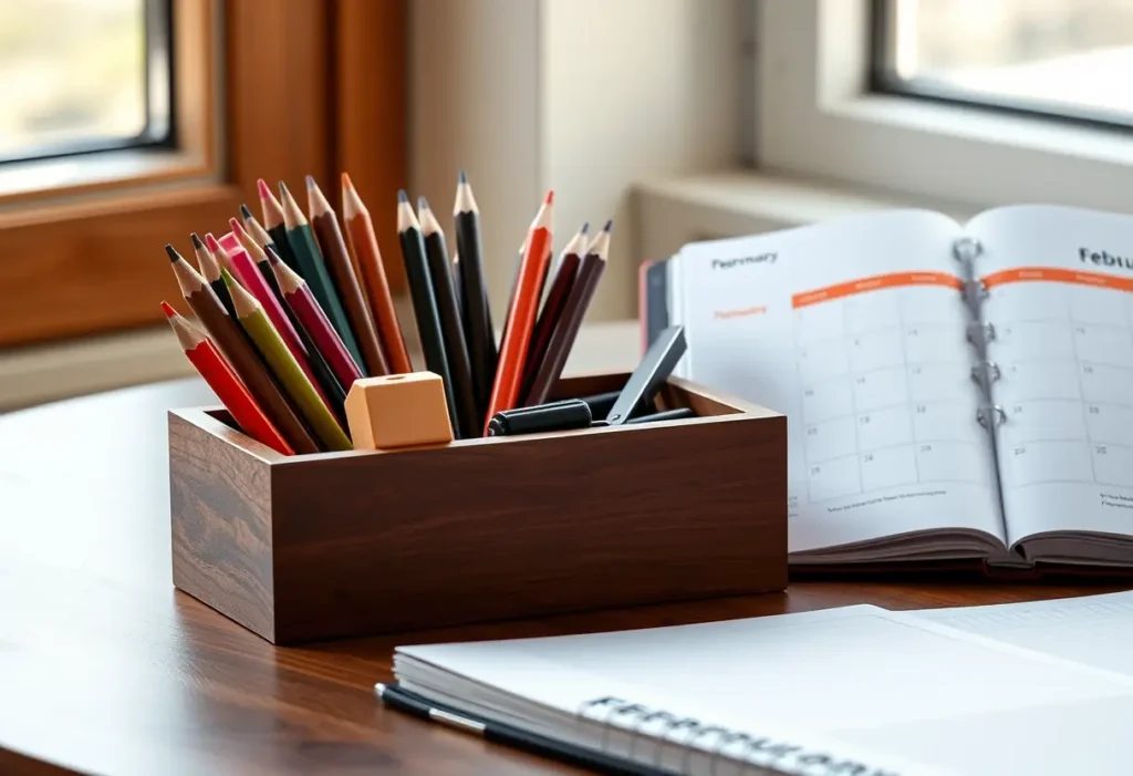 Un classeur à crayons sur un bureau avec un agenda mettant en évidence le mois de février