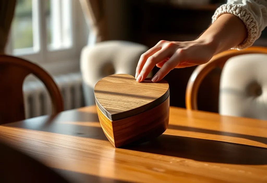 Une main féminine pose délicatement une boîte en bois sculptée en forme de cœur sur une table