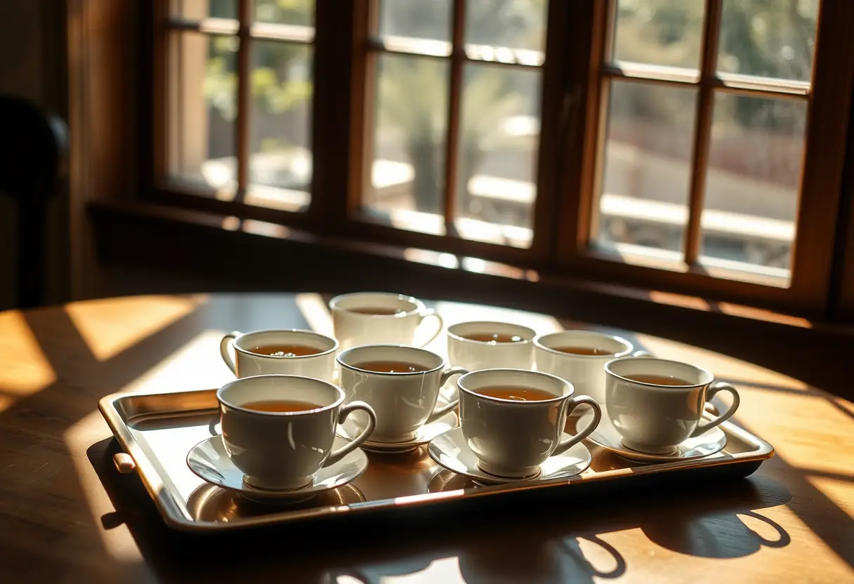 Des tasses de thé disposées sur un plateau, éclairées par la lumière du jour qui filtre à travers la fenêtre