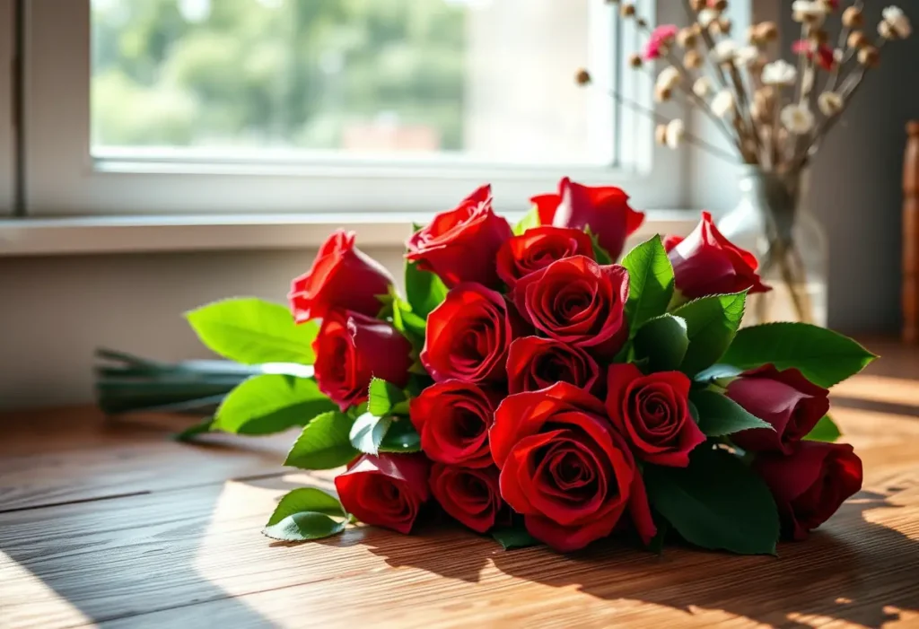 Bouquet de roses rouges sur une table, lumière naturelle
