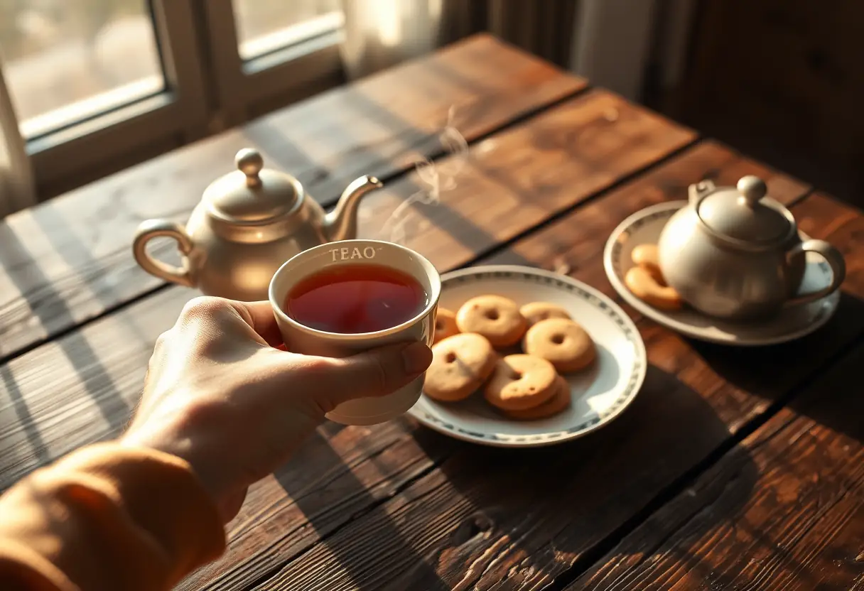 Main tenant une tasse de thé sur une table rustique