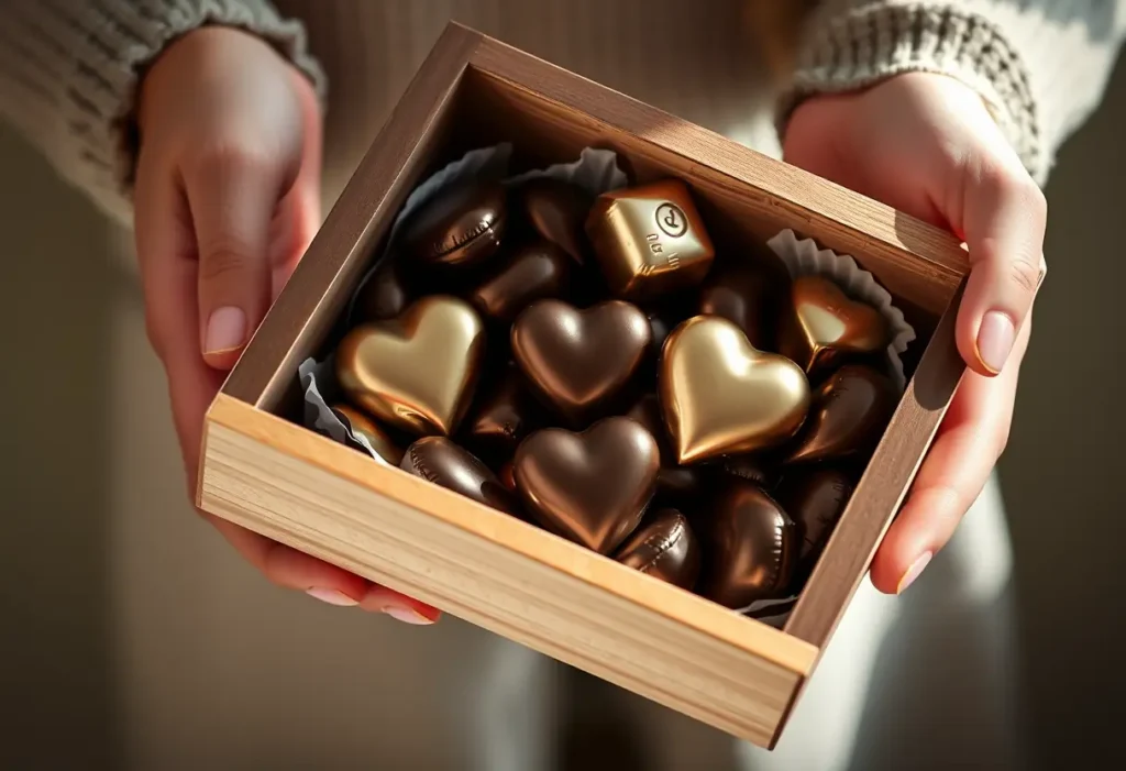Une main tenant une boîte en bois pleine de coeurs en chocolat, lumières douces sur les emballages scintillants