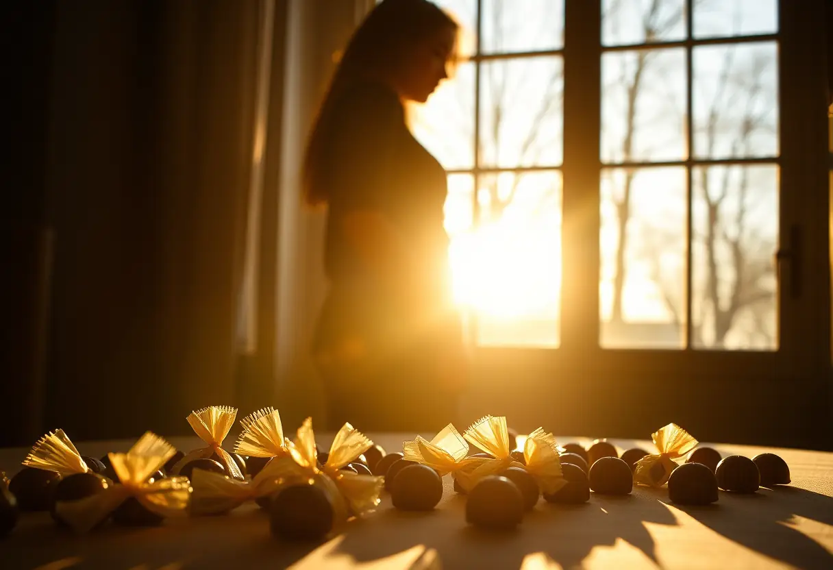 Un profil d'une personne près d'une fenêtre, la lumière chaude éclairant une table chargée de chocolats enveloppés