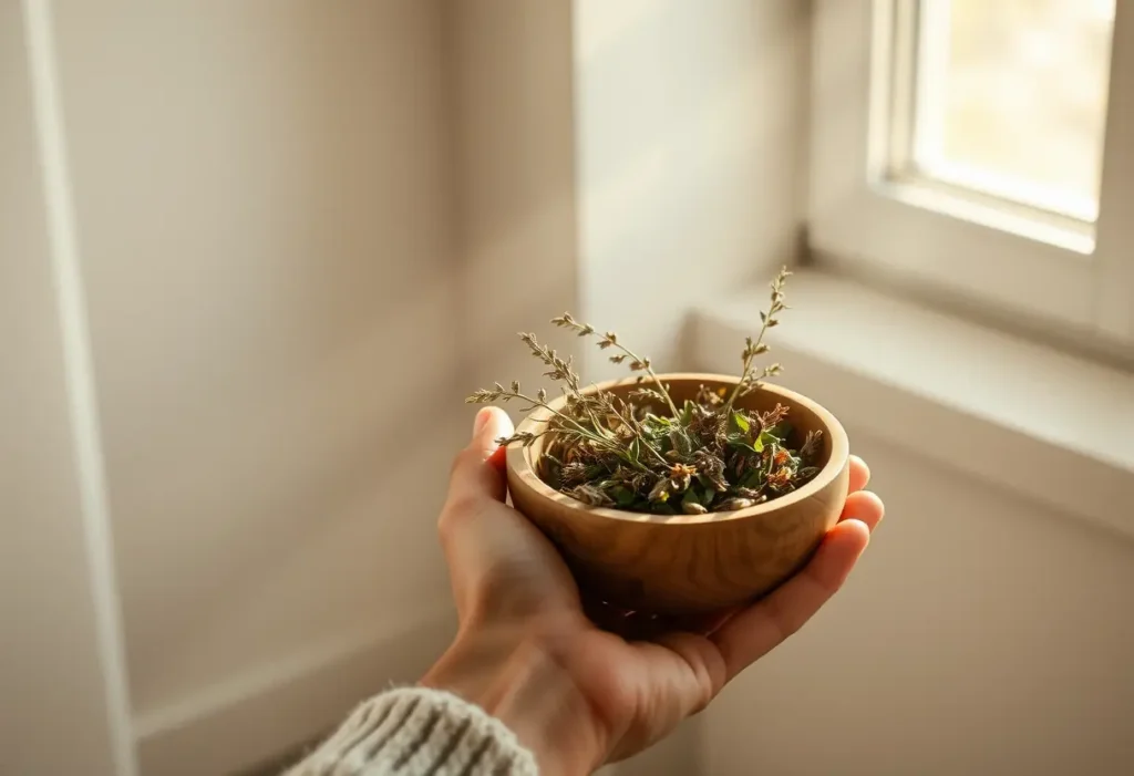 Une main tenant un bol en bois rempli d'herbes sèches, éclairée par la lumière du soleil