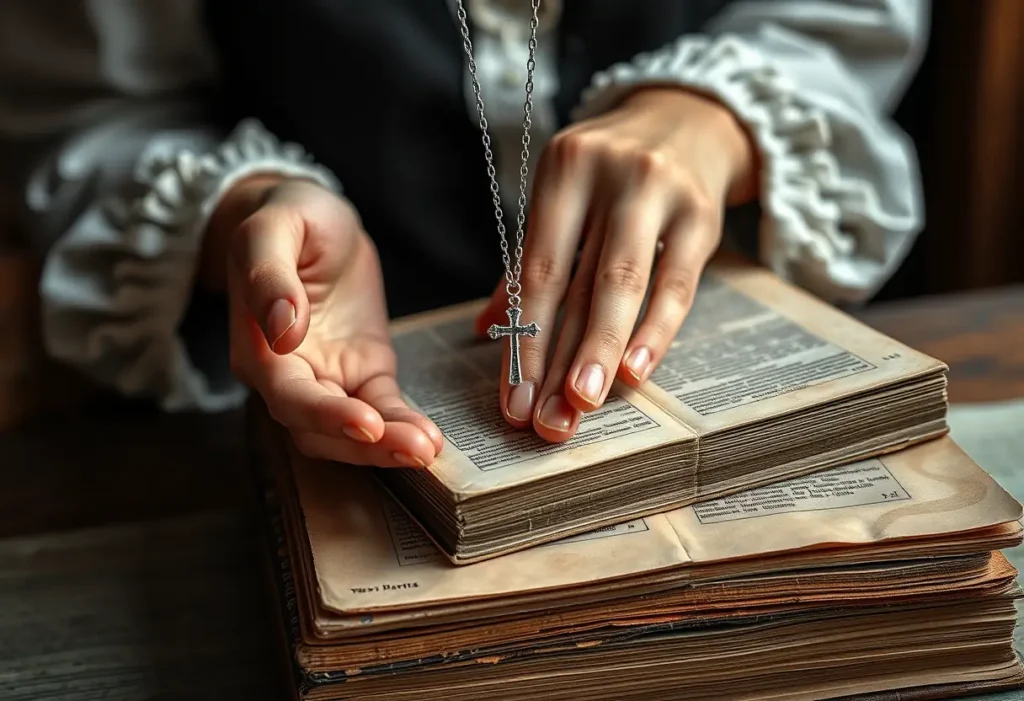 Des mains tenant une fine chaîne en argent avec une croix, posées sur des manuscrits anciens dans un bureau calme
