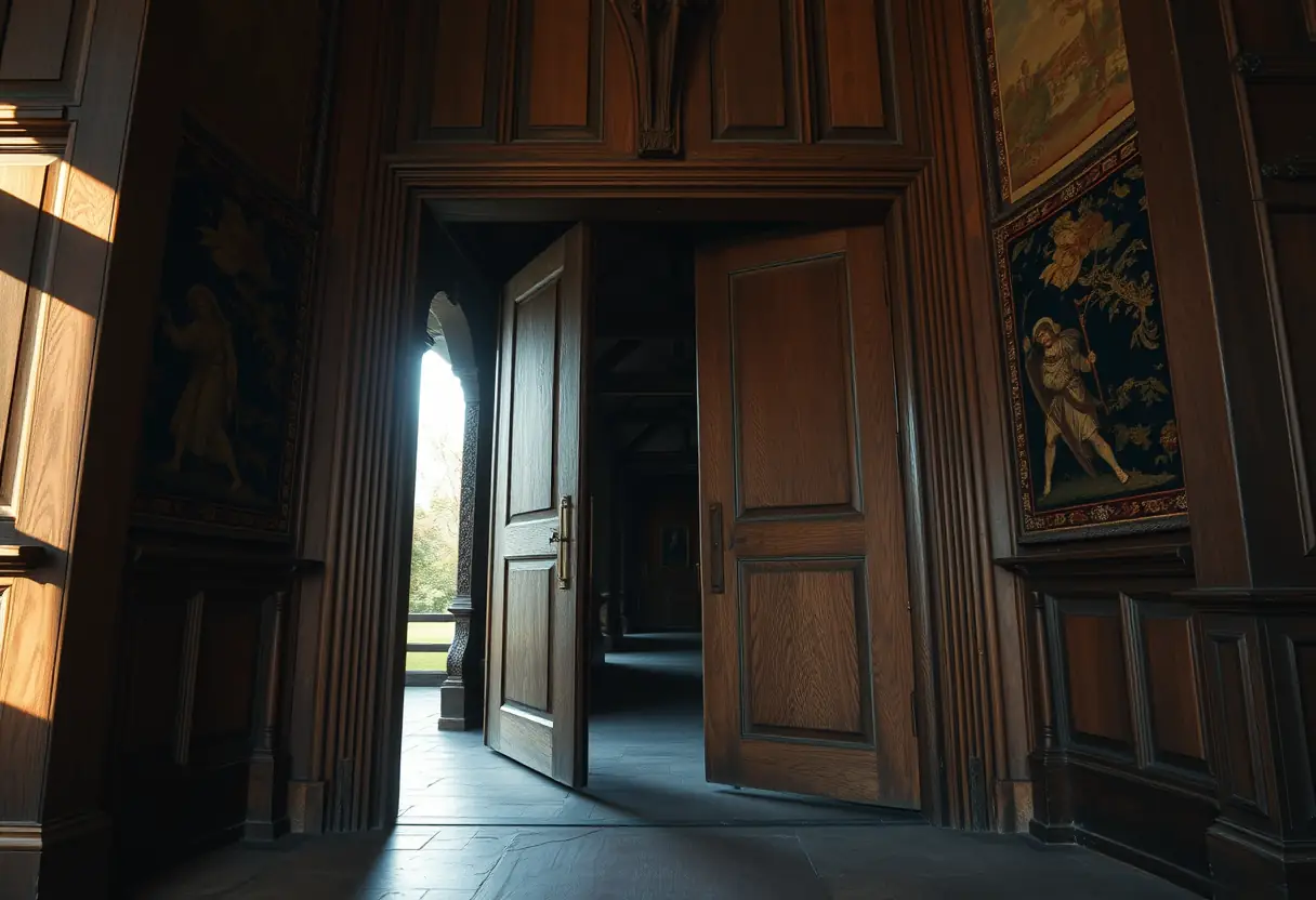 Vue d'ensemble d'une grande porte en chêne légèrement ouverte, menant à un couloir sombre orné de tapisseries médiévales éclairées par la lumière du soir qui filtre à travers l'entrebâillement