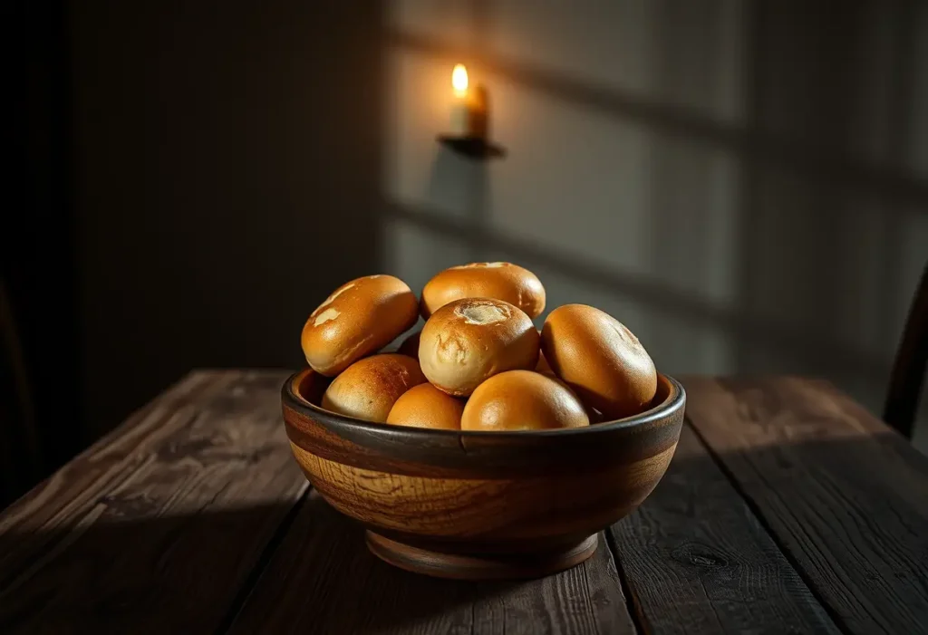 Bol en bois rempli de pains sur une table rustique