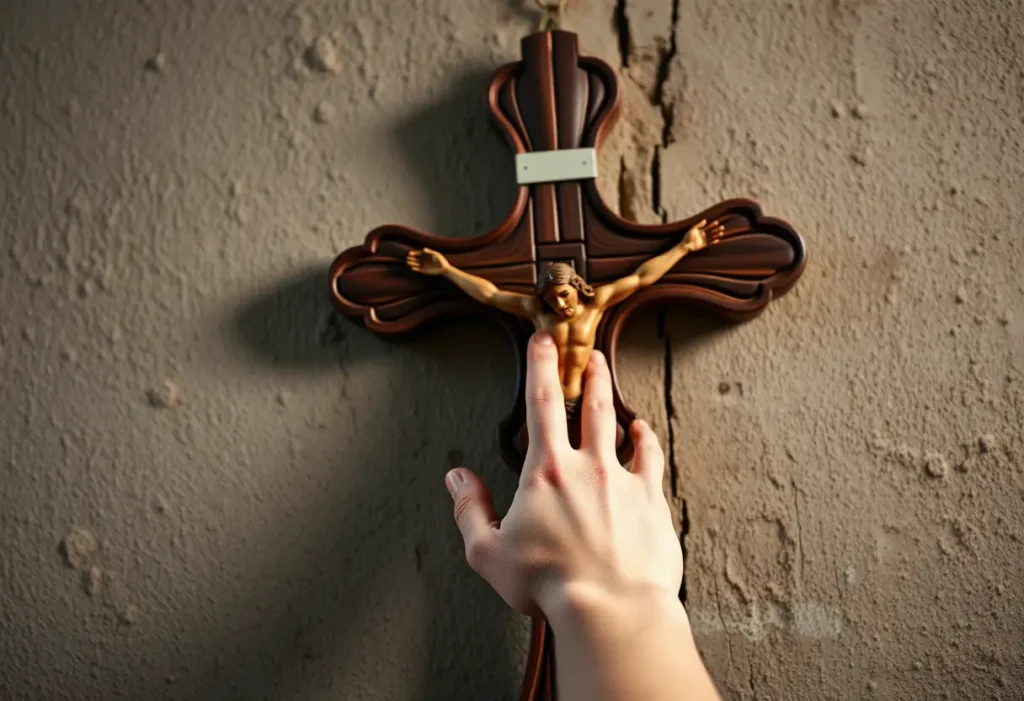 Une main tendue vers un crucifix en bois dans une ambiance religieuse